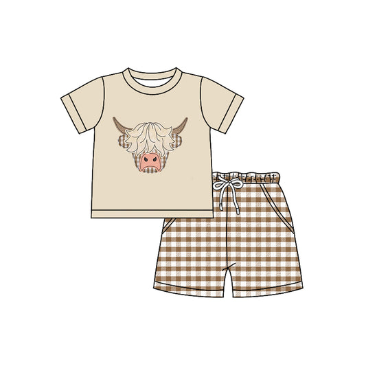 preorder BSSO1536 Western highland cow khaki short sleeve checkered shorts boys set