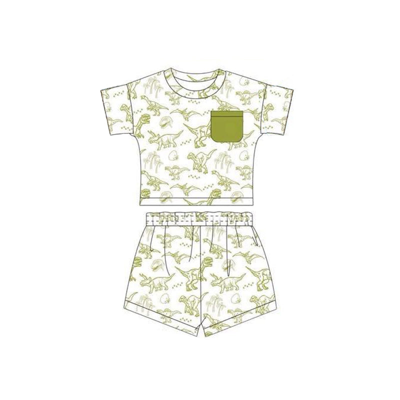 preorder BSSO1538 green dinosaur pocket short sleeve shorts boys set