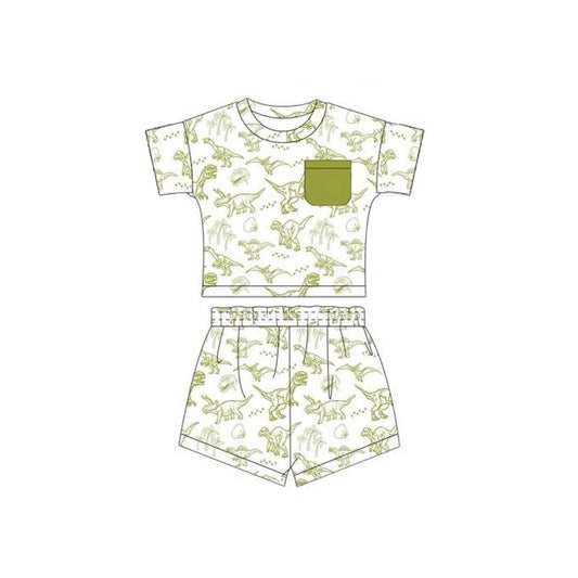 preorder BSSO1538 green dinosaur pocket short sleeve shorts boys set