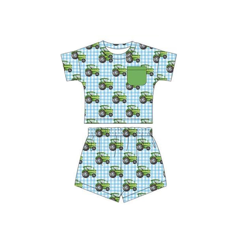 preorder BSSO1539 farm tractor blue checkered pocket short sleeve shorts boys set