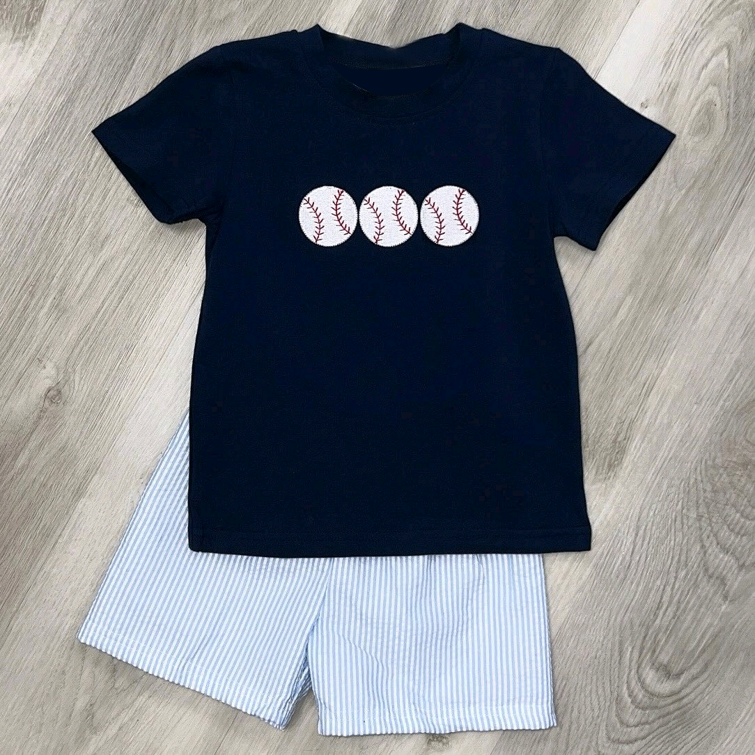 preorder BSSO1541 baseball navy blue short sleeve blue striped shorts boys set