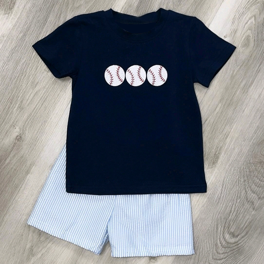 preorder BSSO1541 baseball navy blue short sleeve blue striped shorts boys set