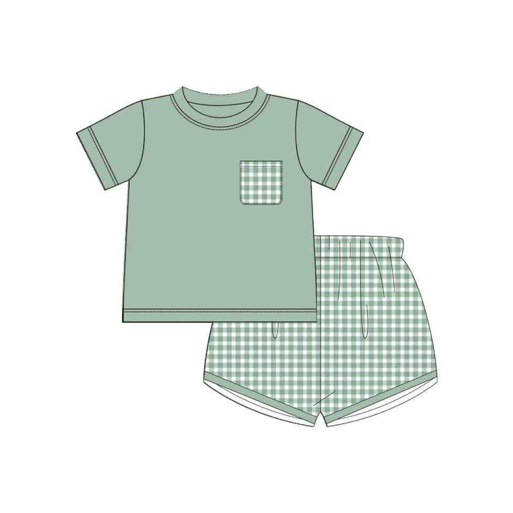 preorder BSSO1544 green pocket short sleeve checkered shorts boys set