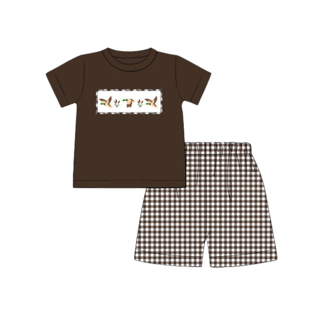 preorder BSSO1545 hunting mallard duck brown short sleeve brown checkered shorts boys set