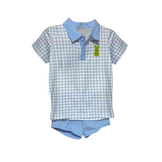 preorder BSSO1551 Easter bunny rabbit blue checkered short sleeve blue shorts boys set