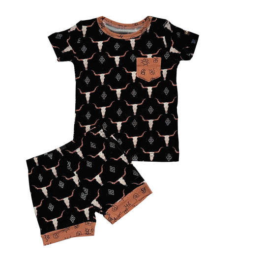 preorder BSSO1552 Western cow pocket black short sleeve shorts boys set