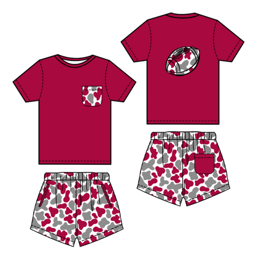 preorder BSSO1553 football dark red pocket short sleeve leopard shorts boys set