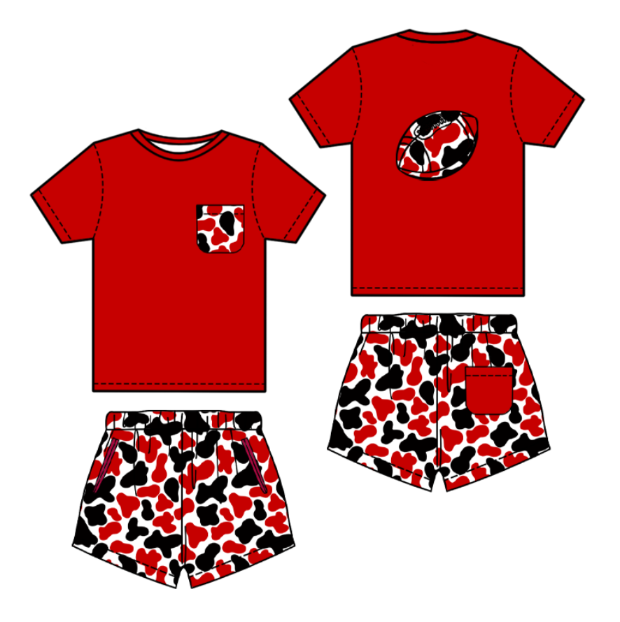 preorder BSSO1554 football red pocket short sleeve leopard shorts boys set