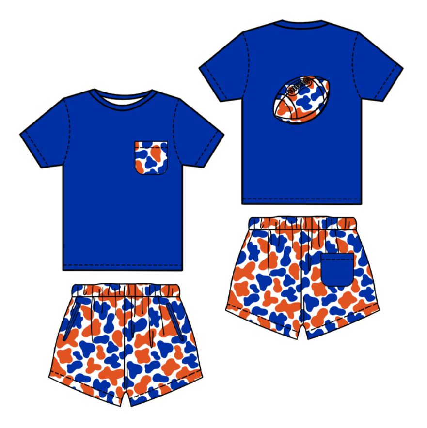 preorder BSSO1555 football blue pocket short sleeve leopard shorts boys set