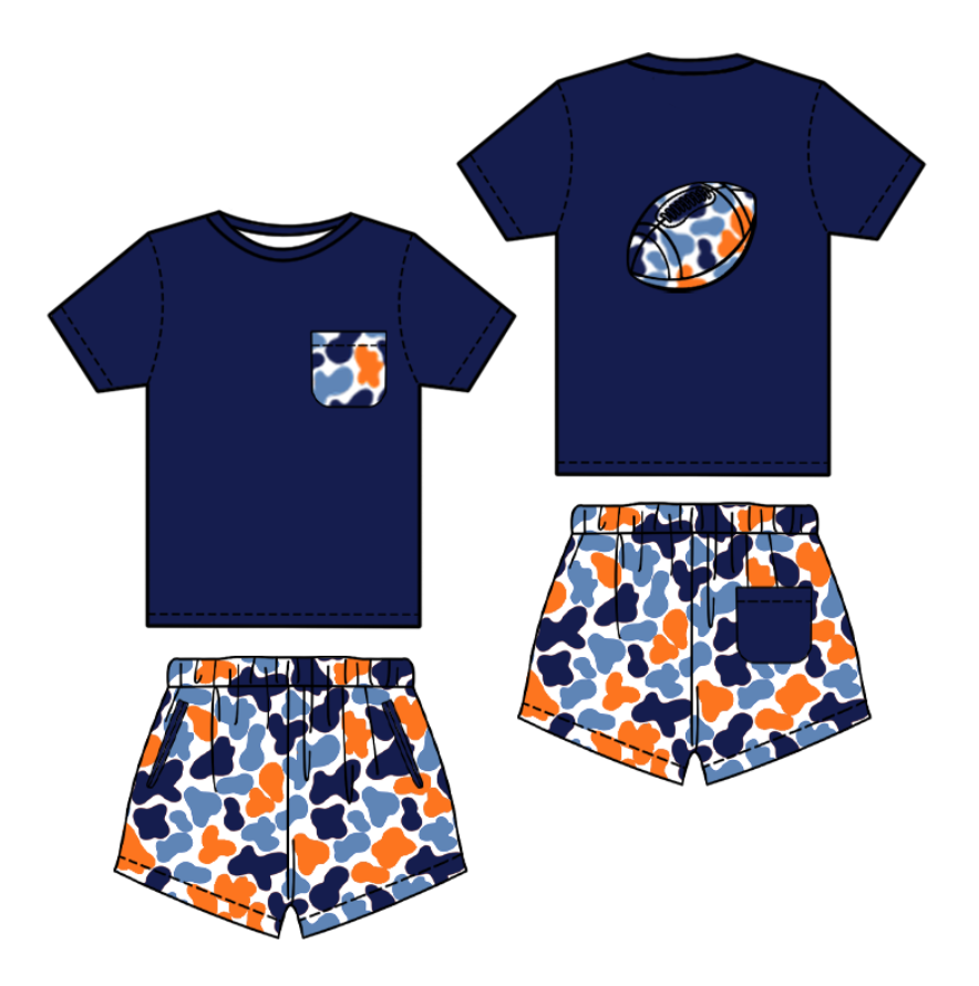 preorder BSSO1556 football navy blue pocket short sleeve leopard shorts boys set