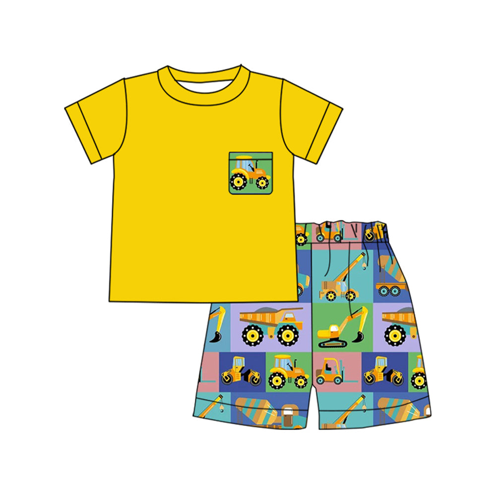 preorder BSSO1557 cute construction truck pocket yellow shorts boys set