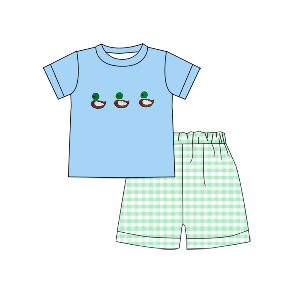 preorder BSSO1558 cute mallard duck blue short sleeve green checkered shorts boys set