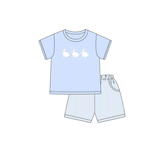 preorder BSSO1560 Easter bunny rabbit blue short sleeve blue striped shorts boys set