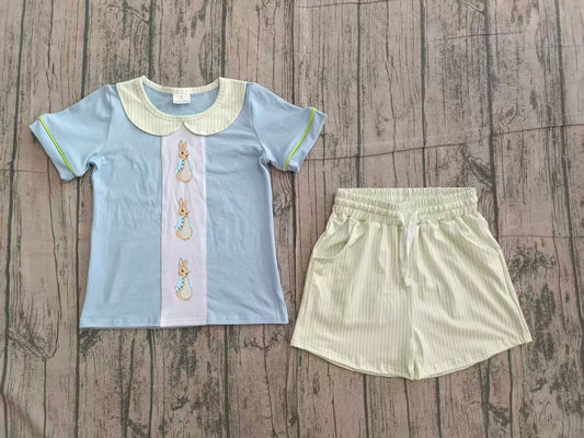 preorder Samples BSSO1564 Easter bunny rabbit blue short sleeve shorts boys set