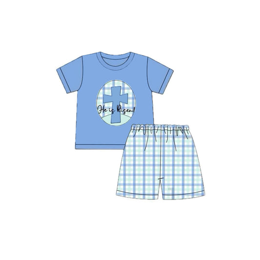 preorder BSSO1566 Easter cross he is risen blue short sleeve checkered shorts boys set