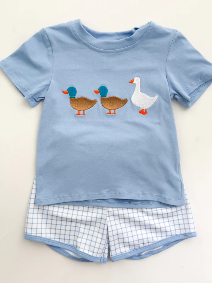 preorder BSSO1567 cute goose duck blue short sleeve checkerede shorts boys set