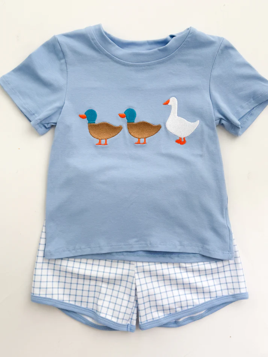 preorder BSSO1567 cute goose duck blue short sleeve checkerede shorts boys set