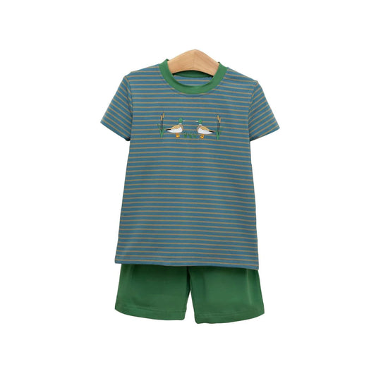 preorder BSSO1568 mallard duck green striped short sleeve green shorts boys set