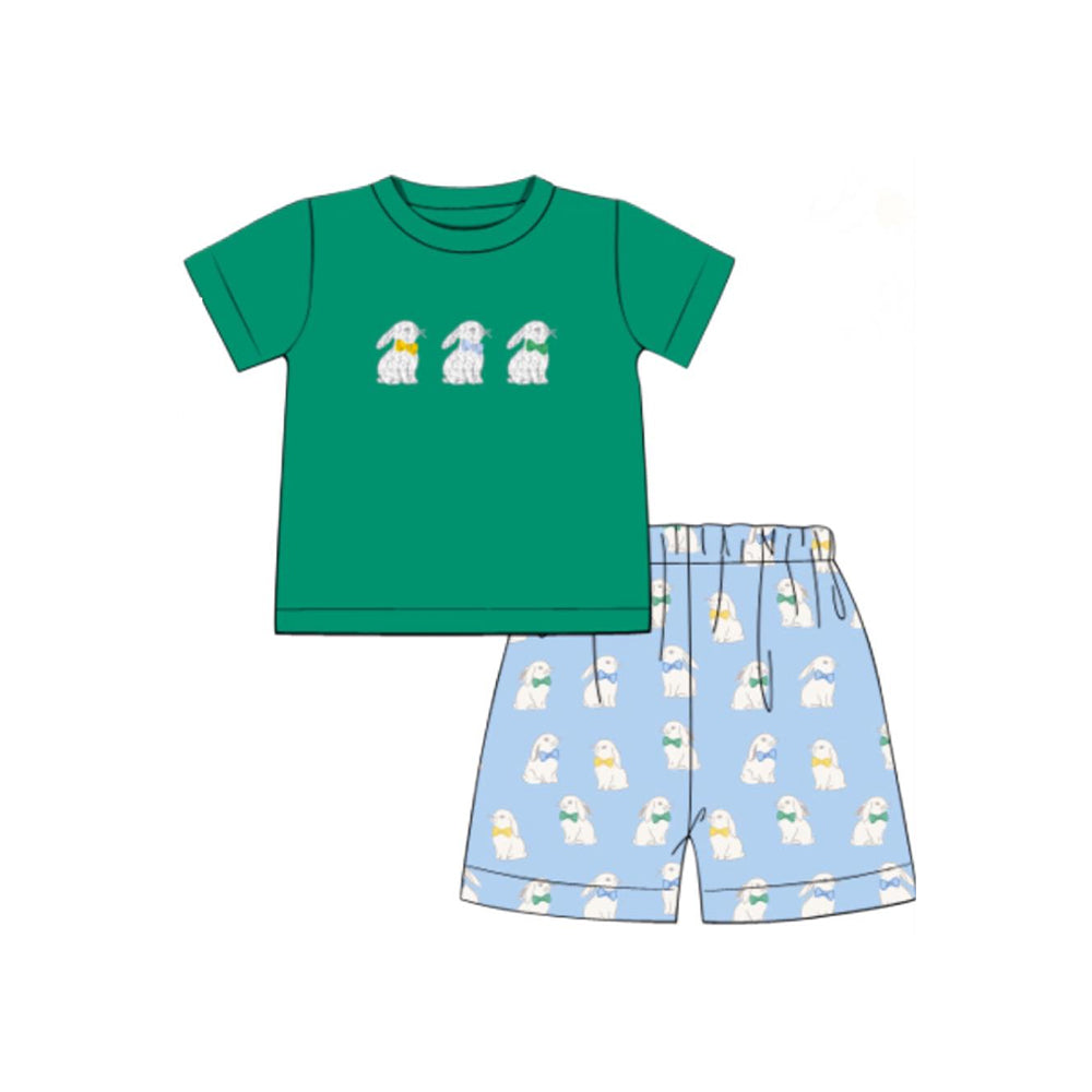 preorder BSSO1580 Easter bunny rabbit green short sleeve blue shorts boys set