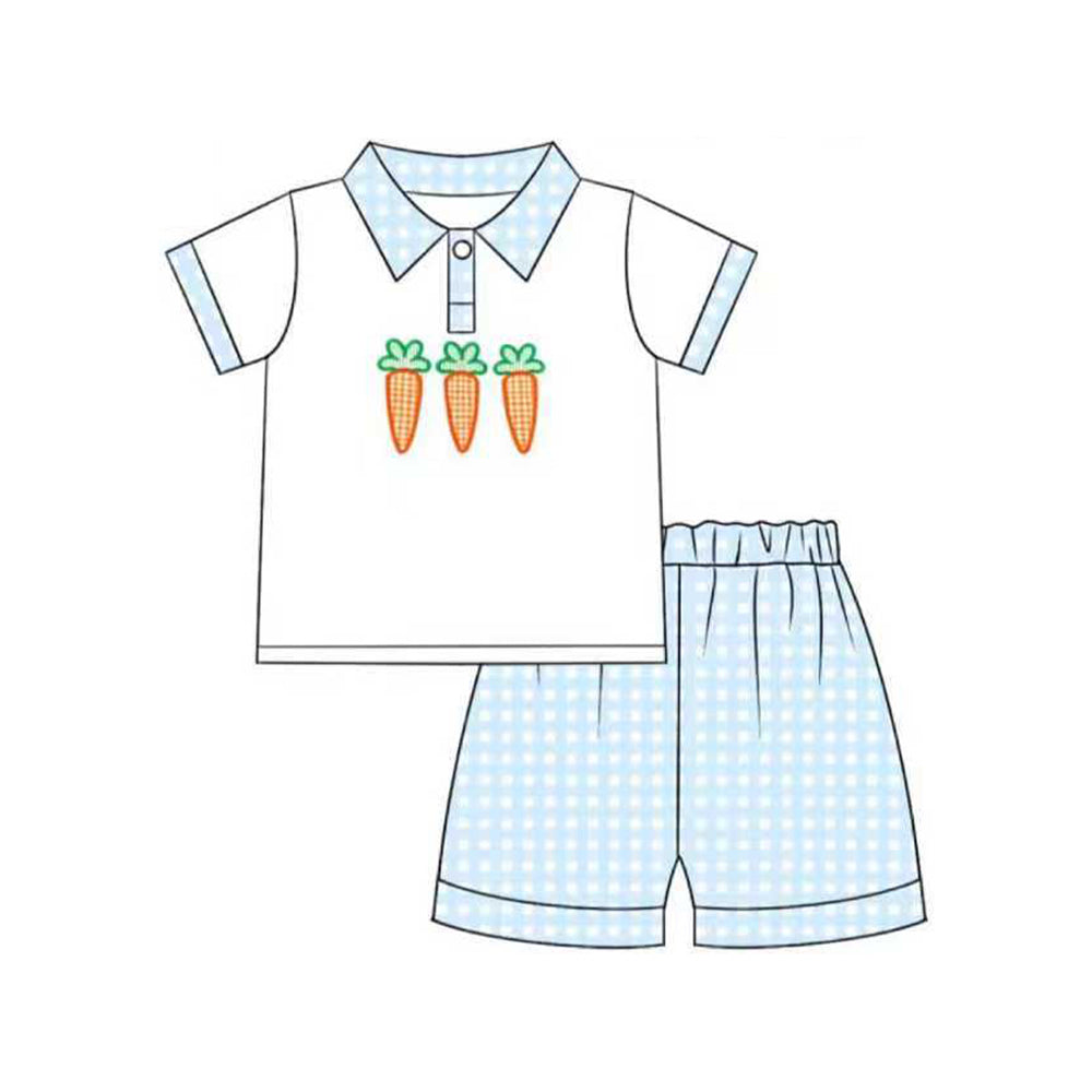 preorder BSSO1604 Easter carrot short sleeve blue checkered shorts boys set