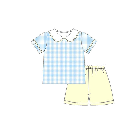 preorder BSSO1607 blue checkered short sleeve yellow shorts boys set