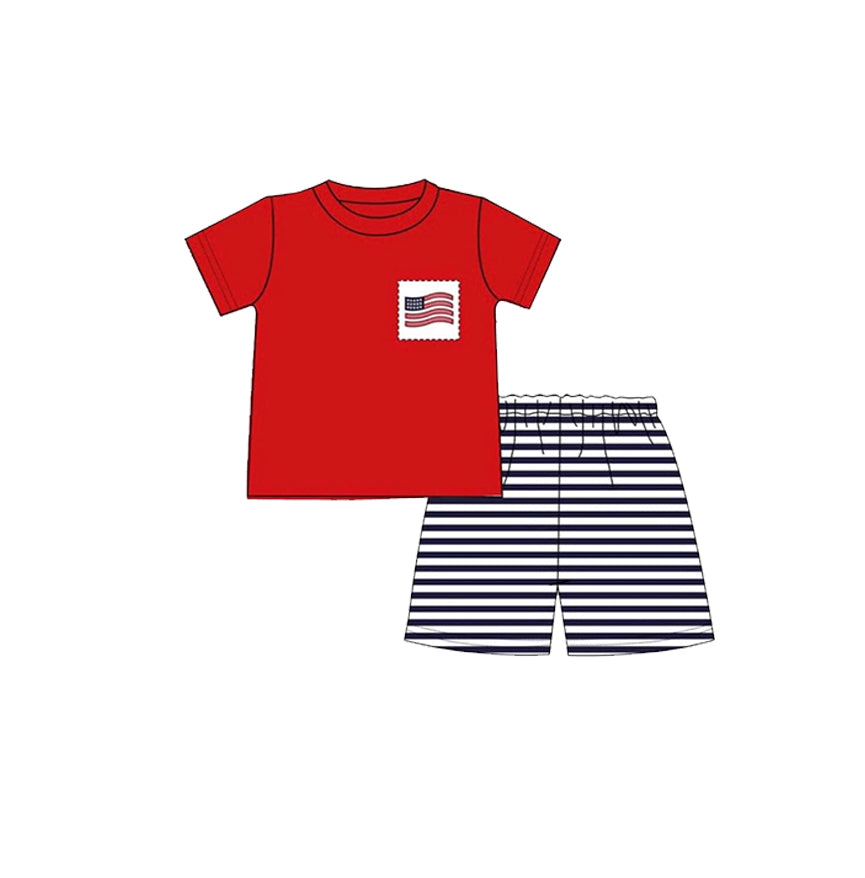 preorder BSSO1608 July 4th flag red short sleeve black striped shorts boys set