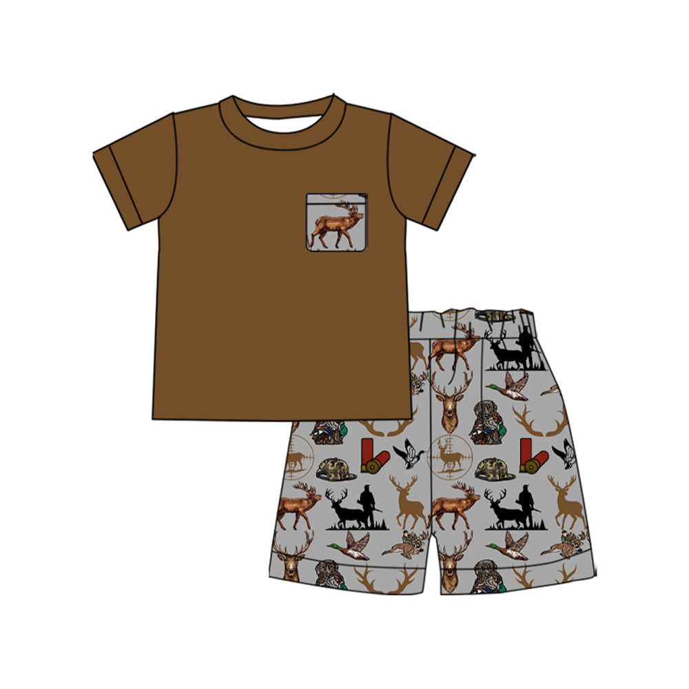 preorder BSSO1610 hunting deer dog pocket brown short sleeve shorts boys set
