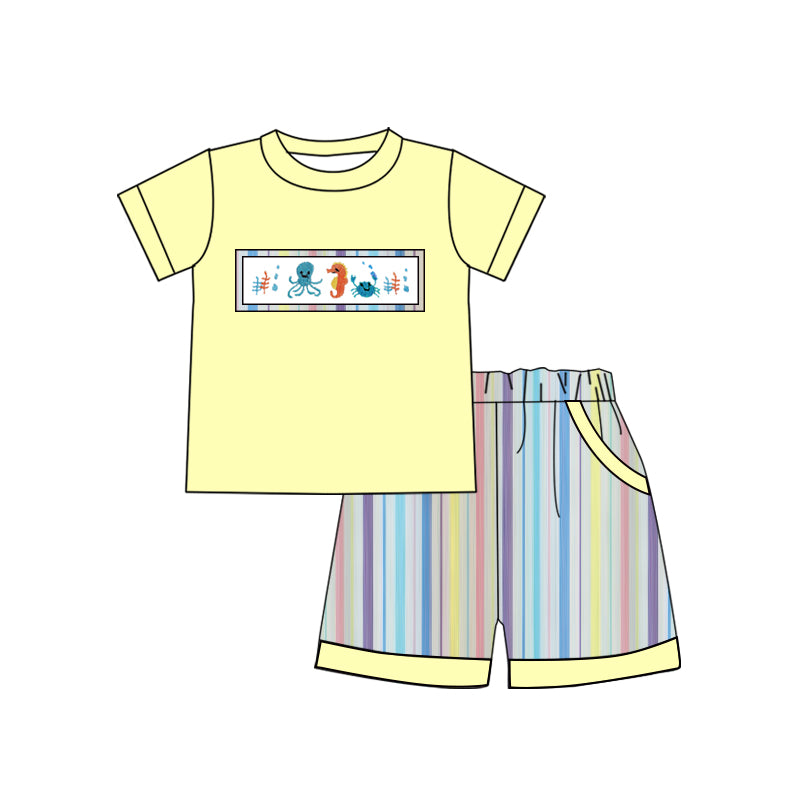 preorder BSSO1616 seahouse octopus yellow short sleeve striped shorts boys set