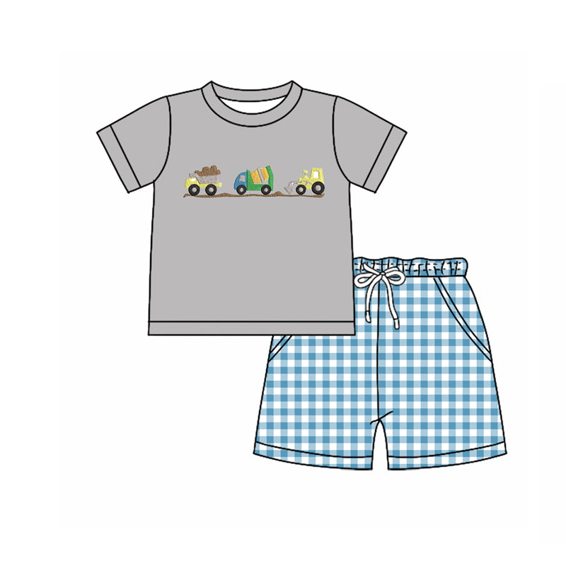 preorder BSSO1619 construction truck grey short sleeve checkered shorts boys set