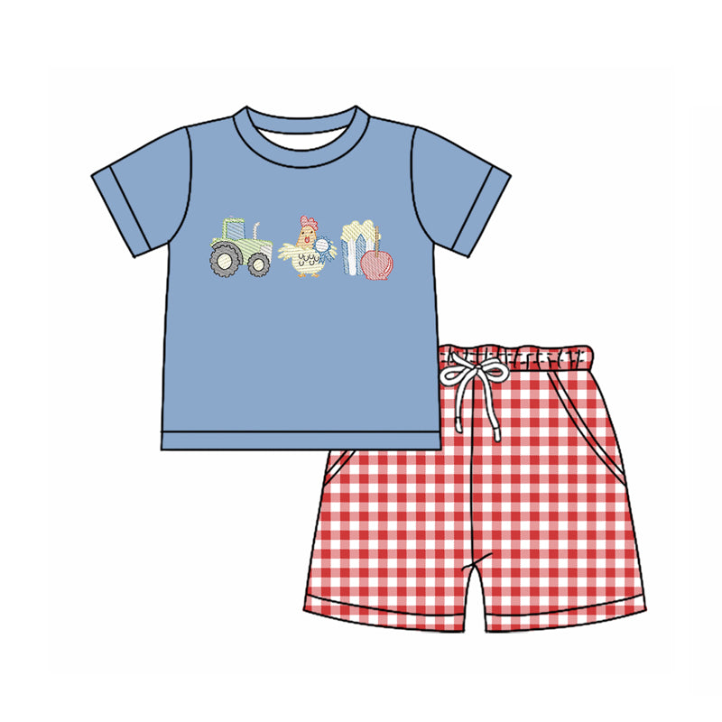 preorder BSSO1620 farm egg tractor blue short sleeve red checkered shorts boys set
