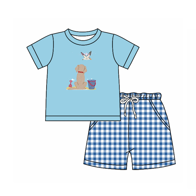 preorder BSSO1623 hunting dog mallard blue short sleeve checkered shorts boys set