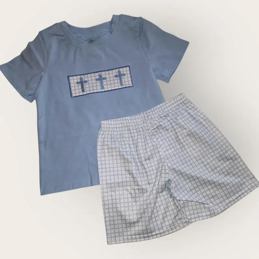 preorder BSSO1624 Easter cross blue short sleeve shorts boys set