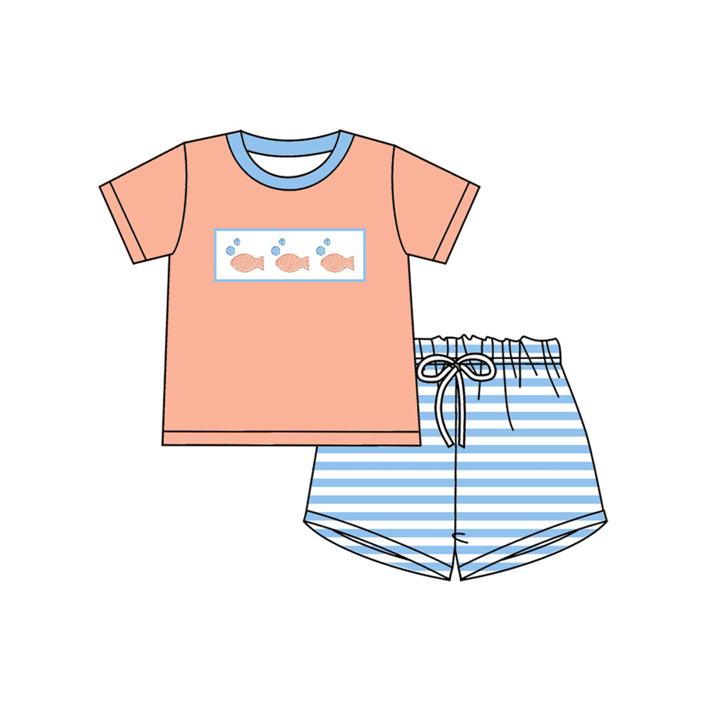 preorder BSSO1625 fish orange short sleeve blue striped shorts boys set
