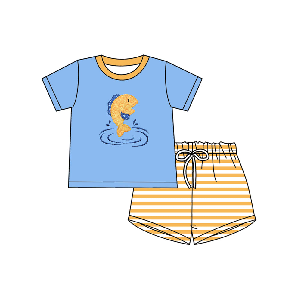 preorder BSSO1626 fish blue short sleeve yellow striped shorts boys set