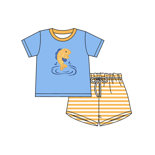 preorder BSSO1626 fish blue short sleeve yellow striped shorts boys set