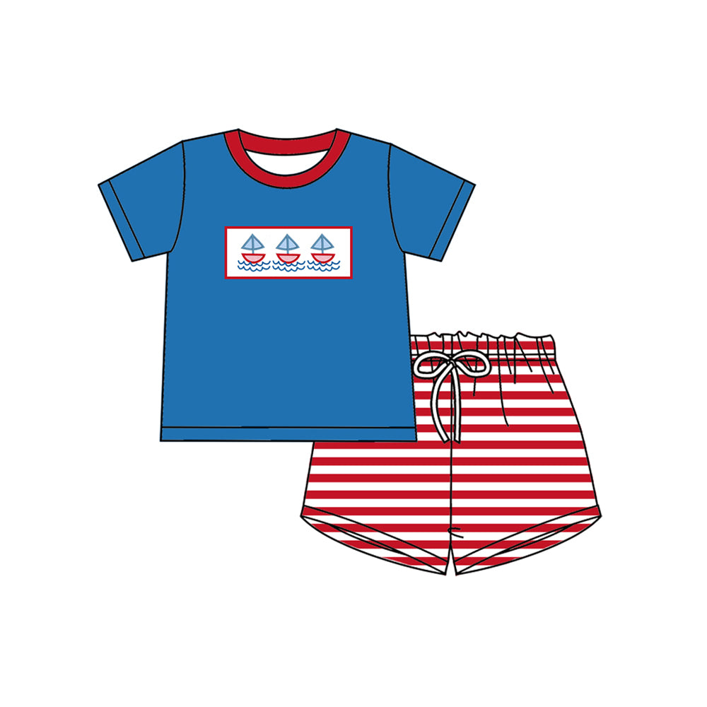 preorder BSSO1627 sailboat blue short sleeve red striped shorts boys set
