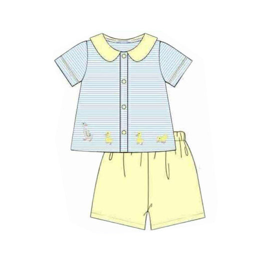 preorder BSSO1629 Easter rabbit goose blue striped short sleeve yellow shorts boys set