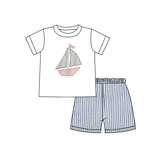 preorder BSSO1630 sailboat short sleeve blue striped shorts boys set
