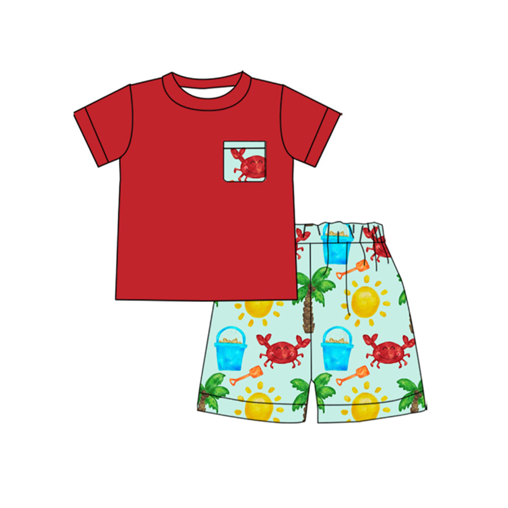 preorder BSSO1631 crab pocket red short sleeve sun shorts boys set