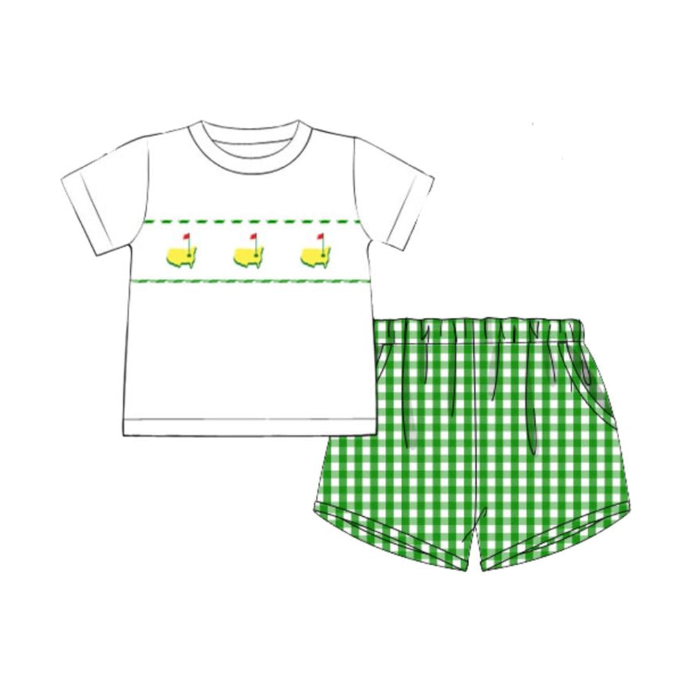 preorder BSSO1633 Golf White Short Sleeve Green Checkered Shorts Boys Set