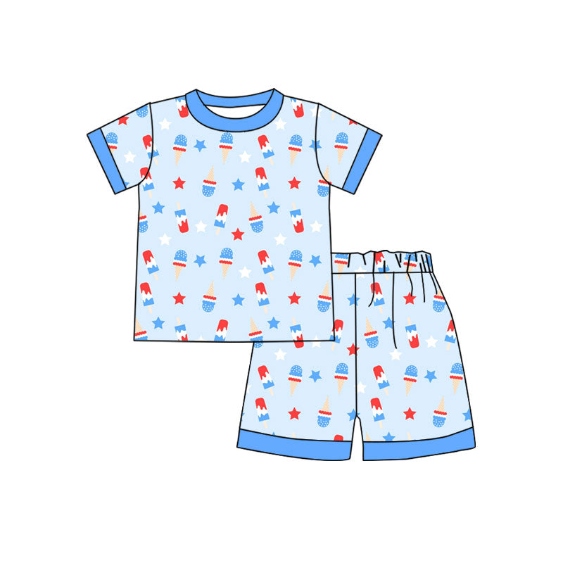 preorder BSSO1642 July 4th Star Ice Blue Short Sleeve Shorts Boys Set