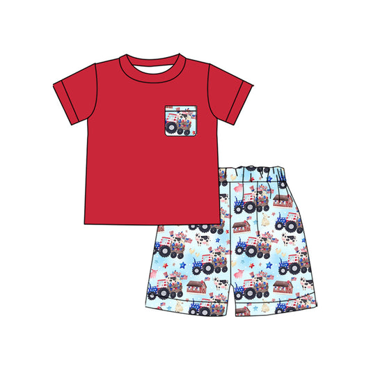 preorder BSSO1647 July 4th Pocket Red Short Sleeve Car Off-road Shorts Boys Set