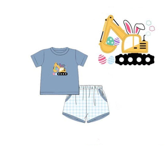 preorder BSSO1648 Easter Construction Truck Rabbit Blue Short Sleeve Shorts Boys Set