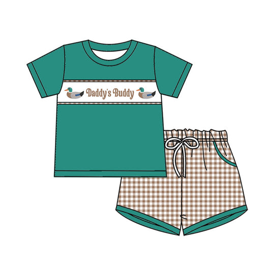 preorder BBSSO1656 Daddy's Bunny Mallard Duck Green Short Sleeve Checkered Shorts Boys Set
