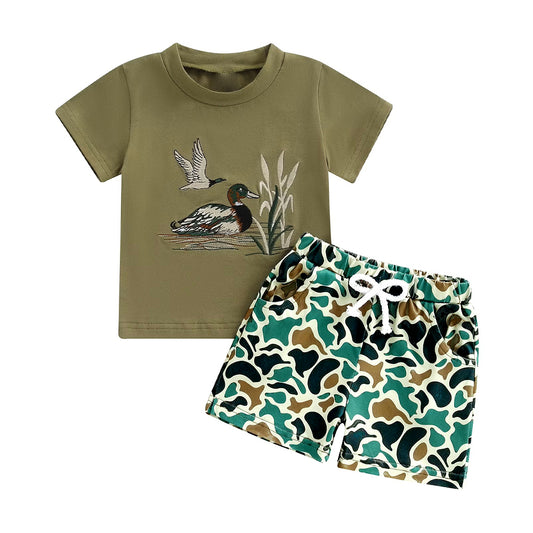 preorder BSSO1659 Hunting Mallard Duck Green Short Sleeve Camo Shorts Boys Set