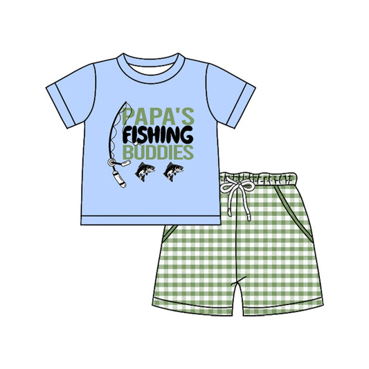 preorder BSSO1661 Papa's Fishing Buddies Blue Short Sleeve Green Checkered Shorts Boys Set