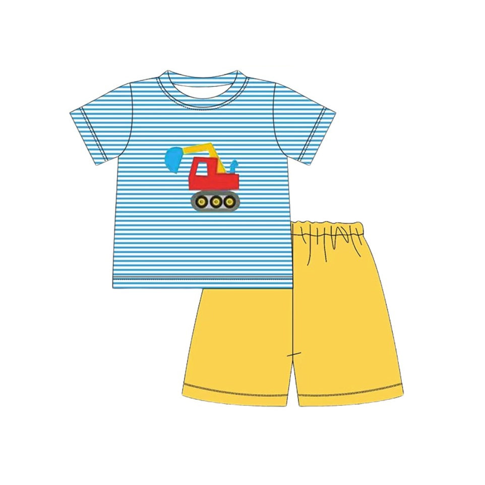 preorder BSSO1667 Construction Truck Blue Striped Short Sleeve Yellow Shorts Boys Set