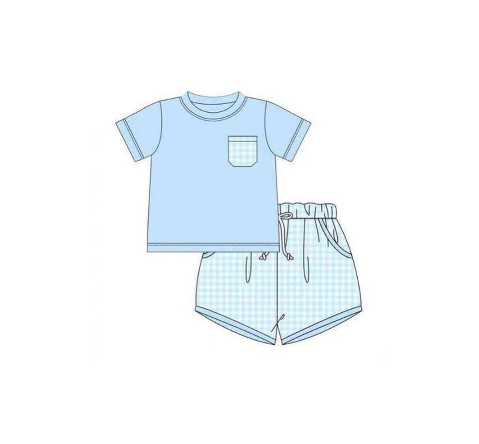 preorder BSSO1683 Blue Pocket Short Sleeve Checkerede Shorts Boys Set