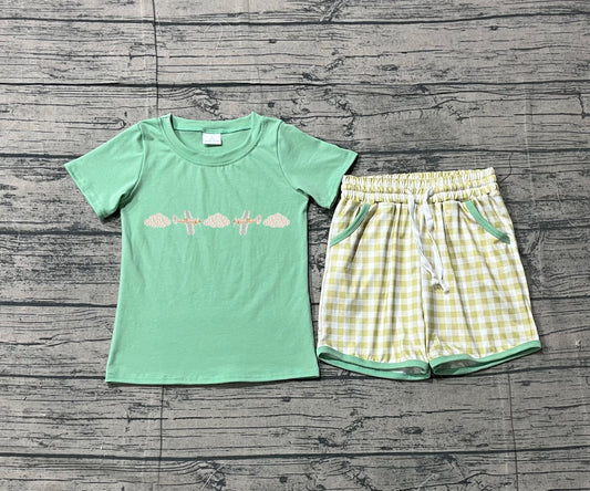 preorder Samples BSSO1684 Cloud Plane Short Sleeve Yellow Checkerede Shorts Boys Set