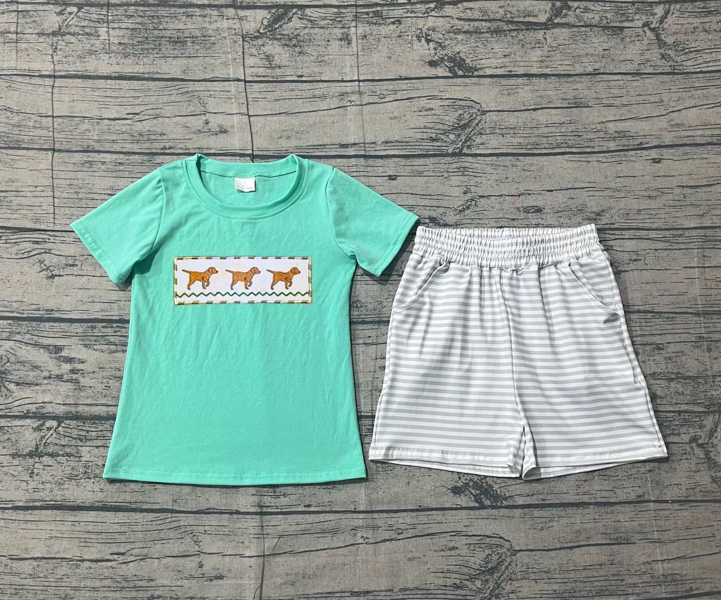 preorder Samples BSSO1688 Cute Dog Green Short Sleeve Striped Shorts Boys Set